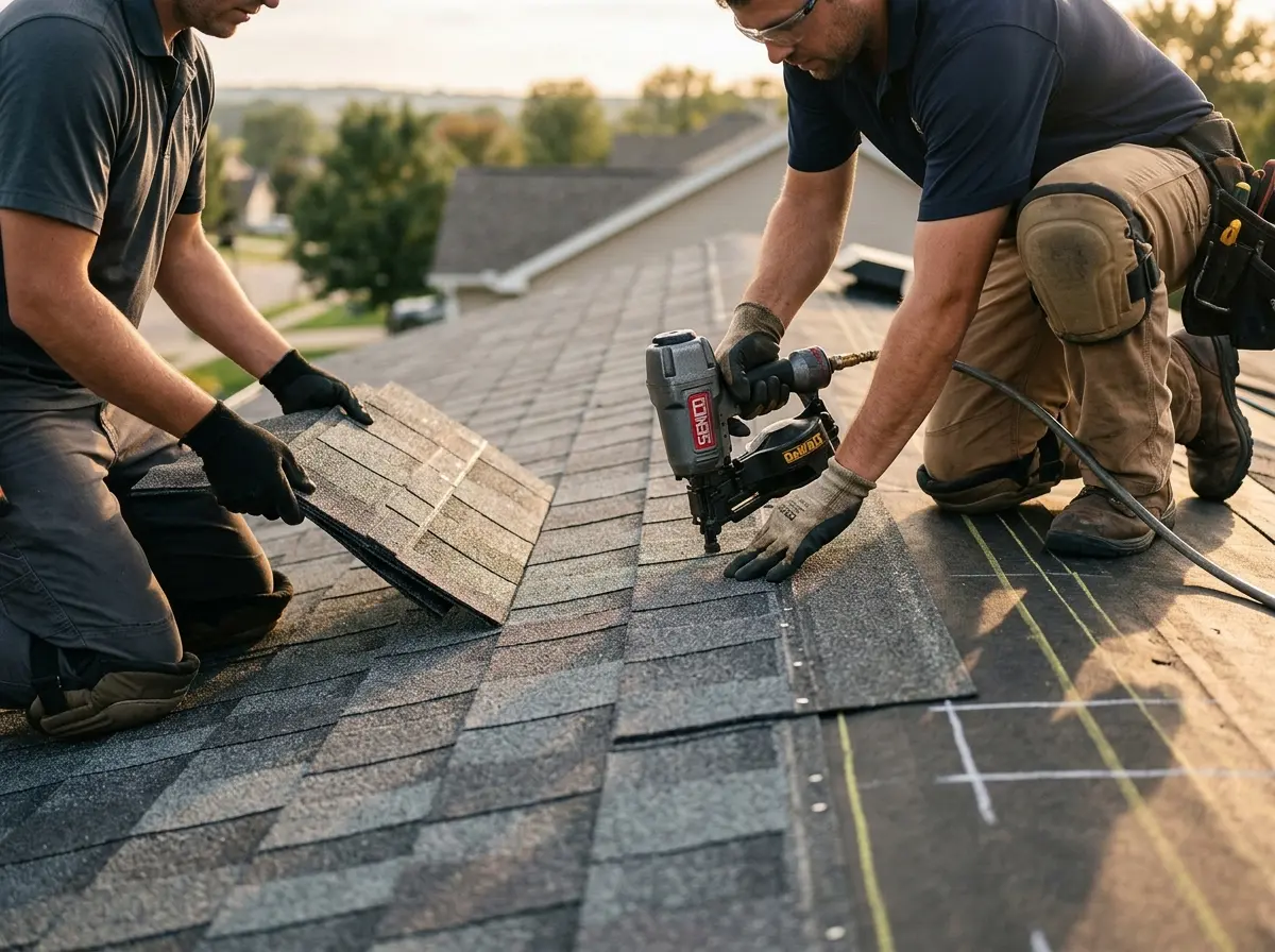 Professional roofer working on a residential roof in Poolesville